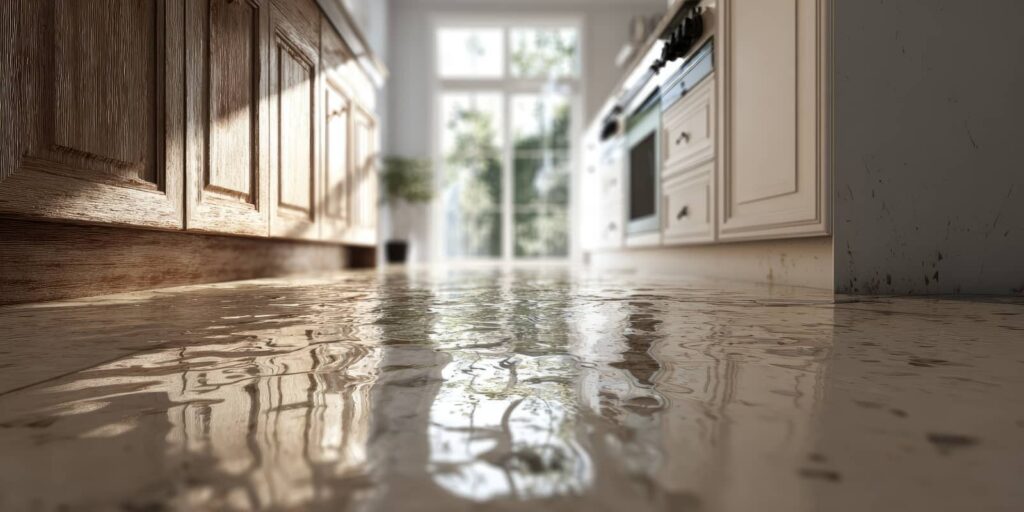 Water flooding a kitchen floor with wooden and white cabinets on either side.