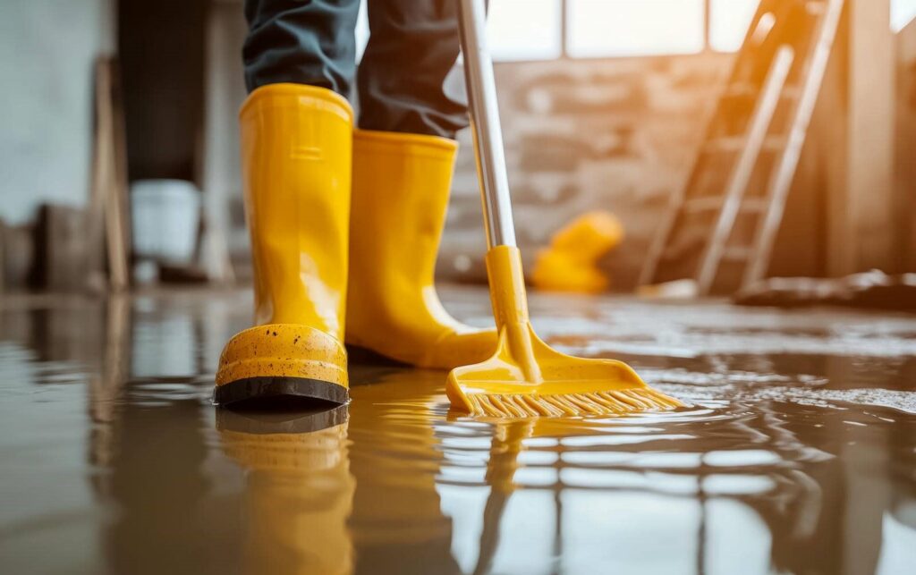 Person in yellow rain boots using a yellow mop to clean a flooded indoor floor.