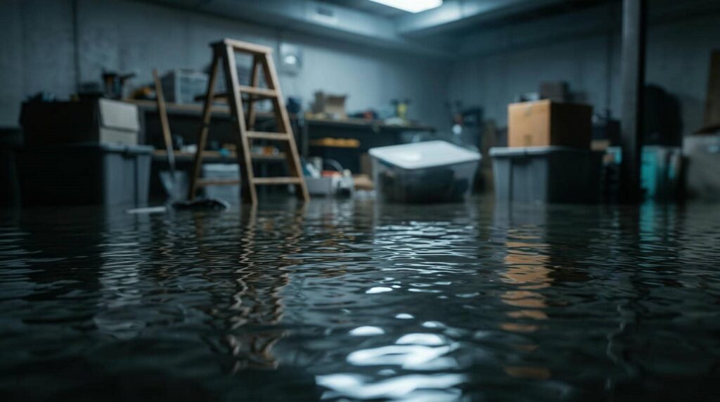Flooded basement with water covering the floor and storage boxes and a ladder in the background.