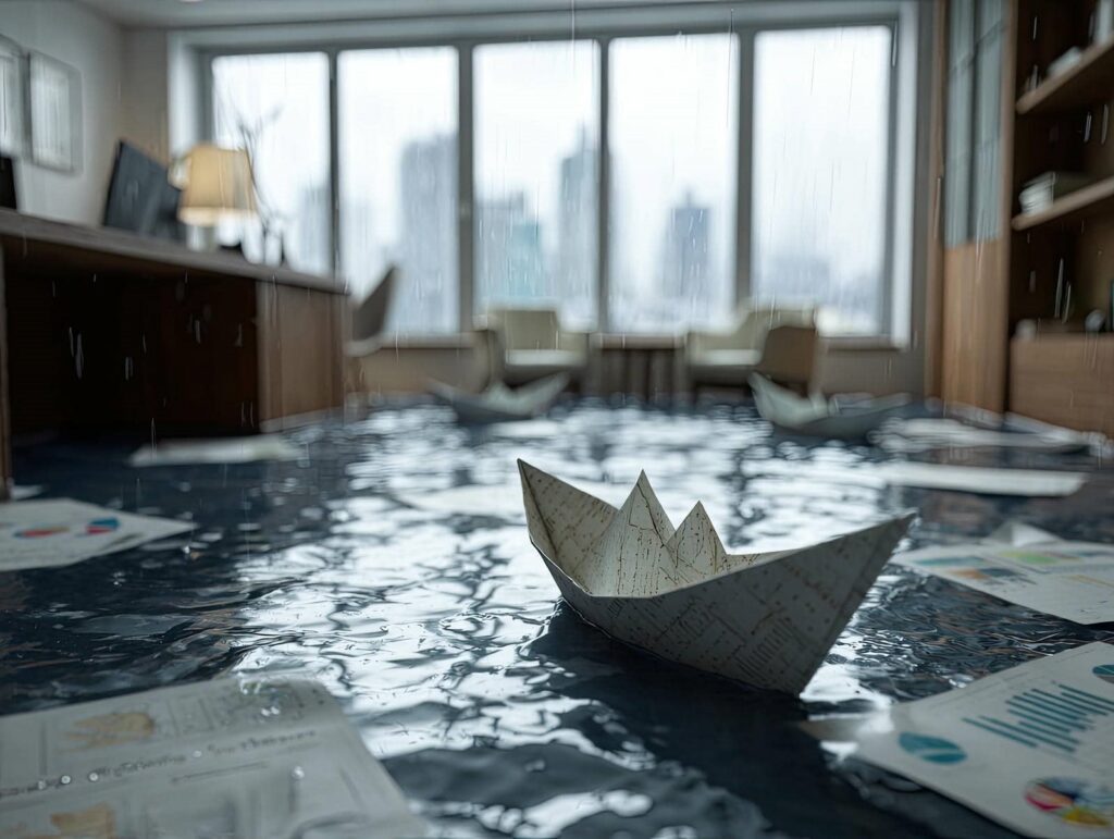 Paper boats floating on water covering the floor of an office room.