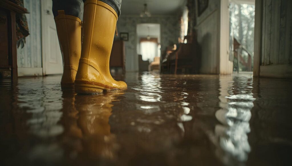 Person wearing yellow rain boots standing in a flooded room with water covering the floor.