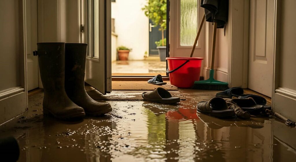 Water flooding a hallway with boots, slippers, a red bucket, and a broom near an open door.