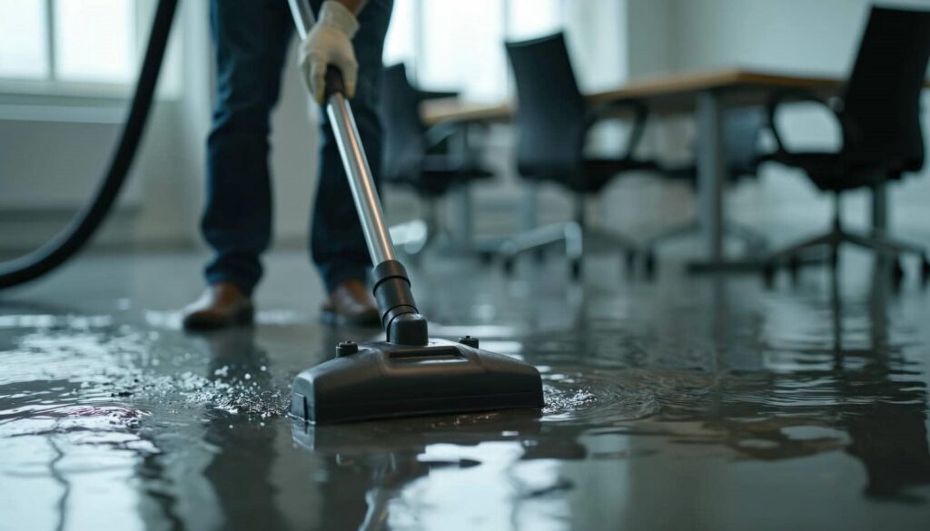 Person using a vacuum to clean water off a flooded office floor.
