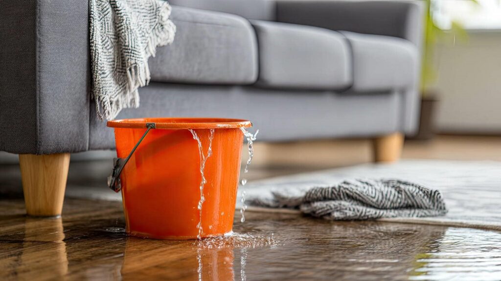 Orange bucket catching water leaking from a gray sofa onto a wet wooden floor.