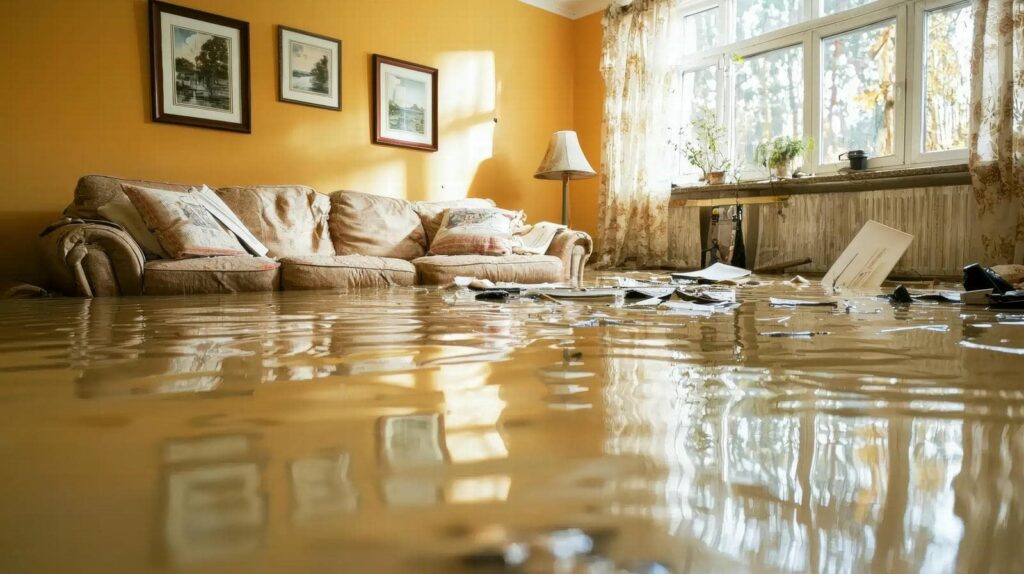 Living room flooded with water, partially submerged sofa, scattered papers, and sunlight through windows.
