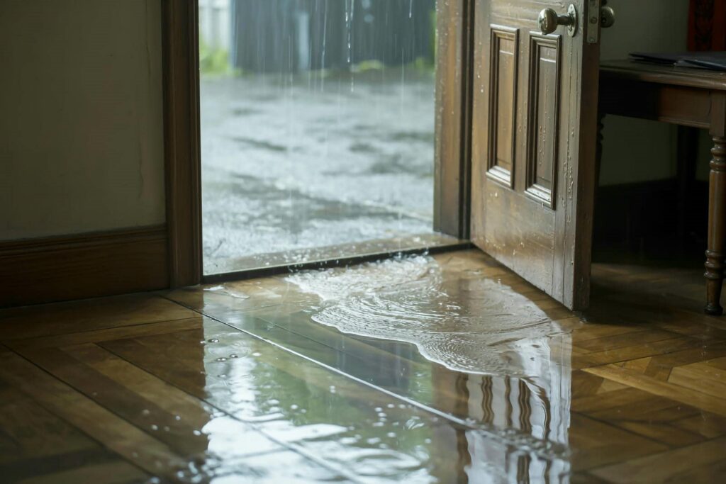 Rainwater flooding inside a house through an open wooden door onto a wet floor.