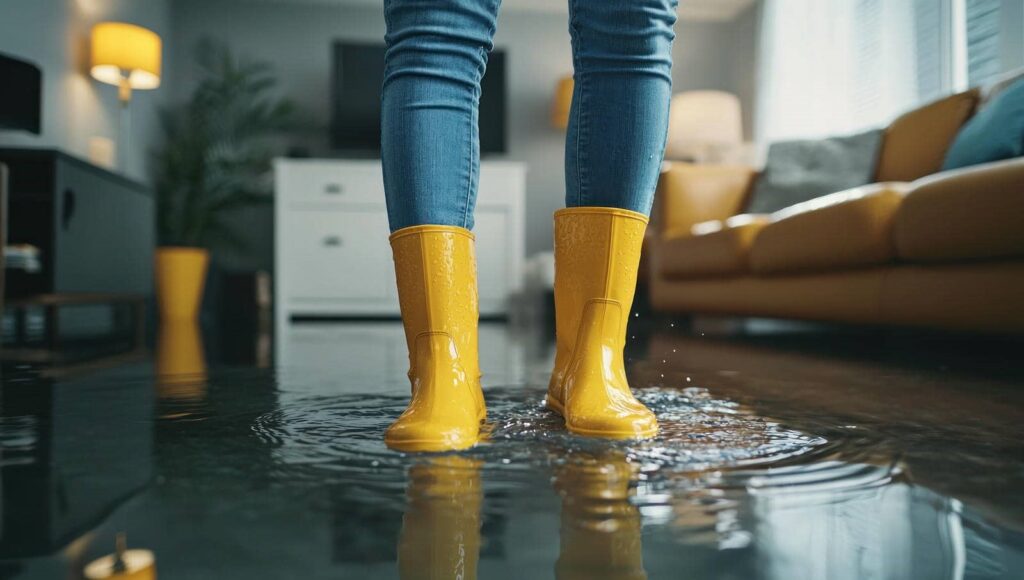 Person wearing yellow rain boots standing in a flooded living room with water on the floor.