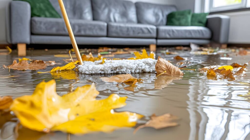 Flooded living room with autumn leaves floating on water and a mop cleaning the floor.