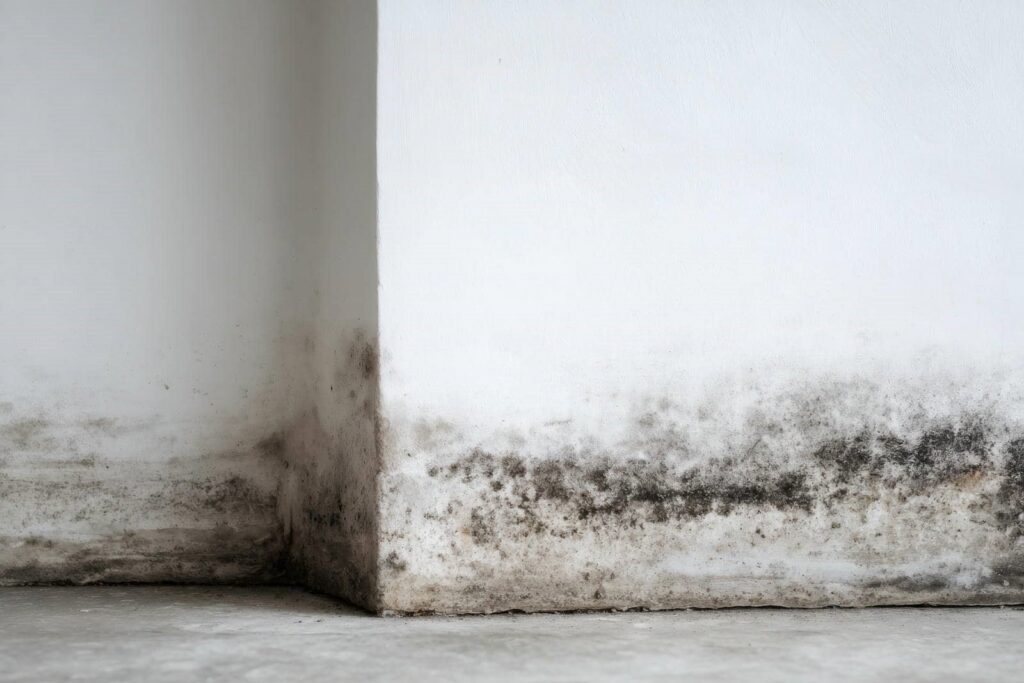 Black mold growing on the lower corner of white interior walls near the floor.