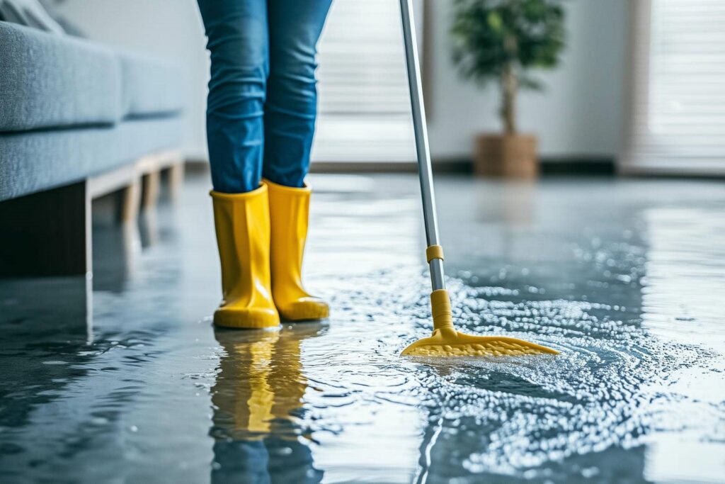 Person in yellow boots using a mop to clean a flooded floor indoors.