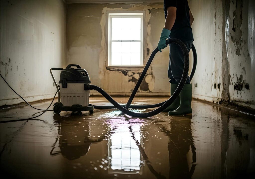 Person using a wet vacuum to clean water from a flooded, damaged room.