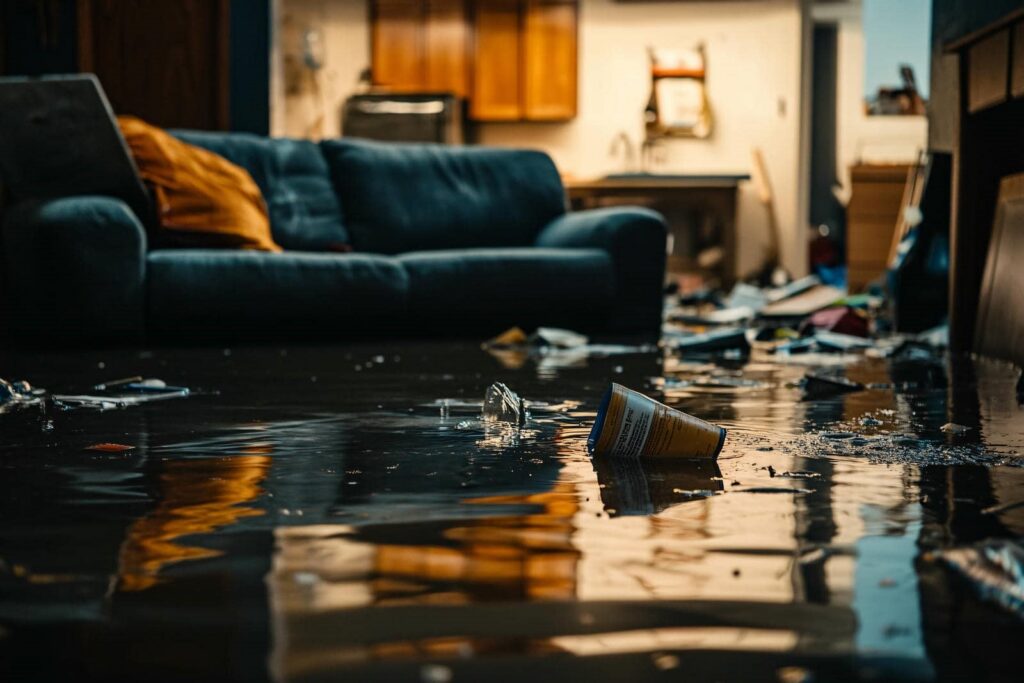 Living room flooded with water, debris floating near a blue couch with an orange pillow.