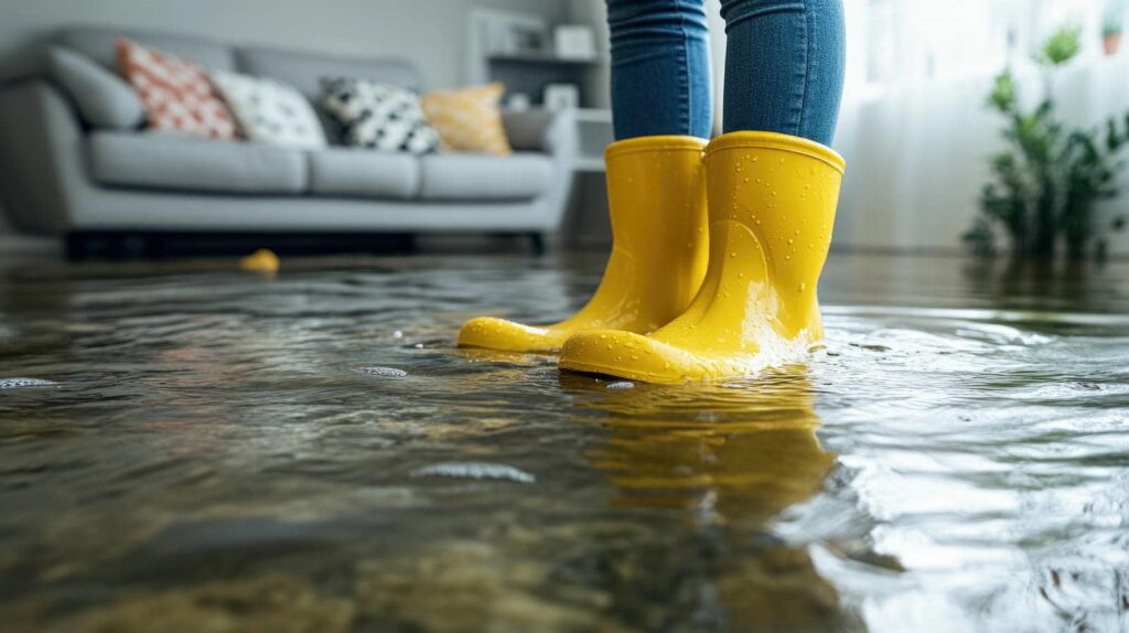 Person wearing yellow rain boots standing in a flooded living room with water covering the floor.