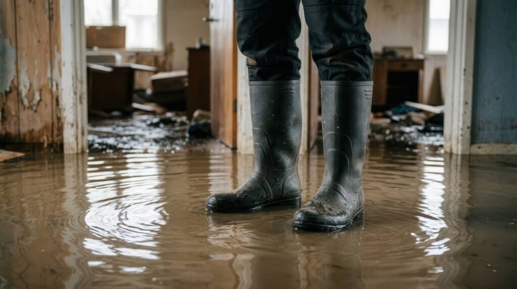 Person standing in floodwater inside a damaged room.