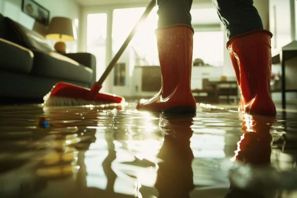 Person in red rain boots cleaning a flooded living room floor with a mop.