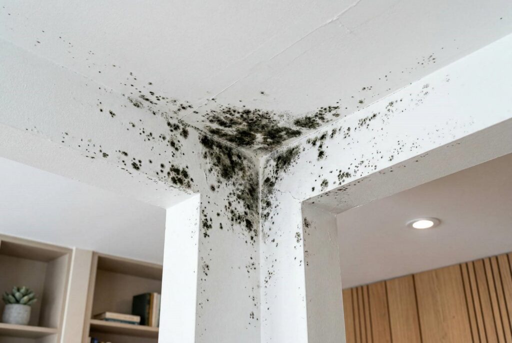 Black mold growing on the corner of a white ceiling and wall inside a room.