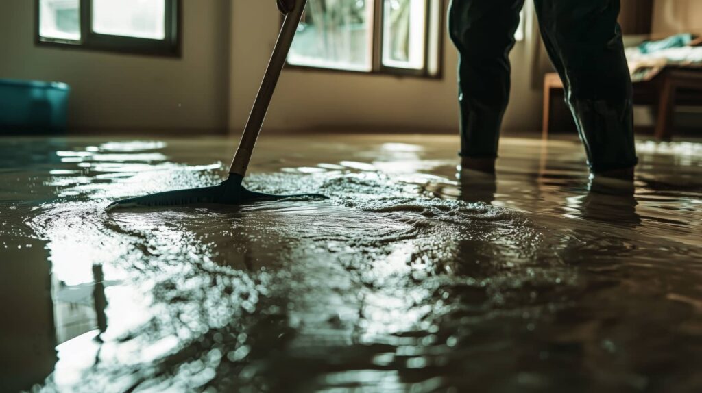 Person using a squeegee to remove floodwater from inside a room.