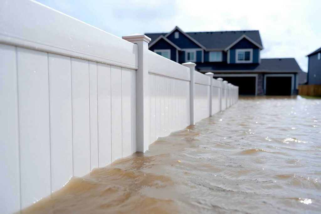 Floodwaters partially submerge a white fence in front of a two-story house.