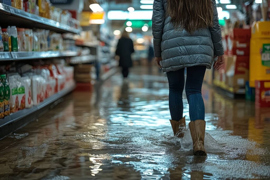 Woman walking through floodwater in a grocery store aisle.
