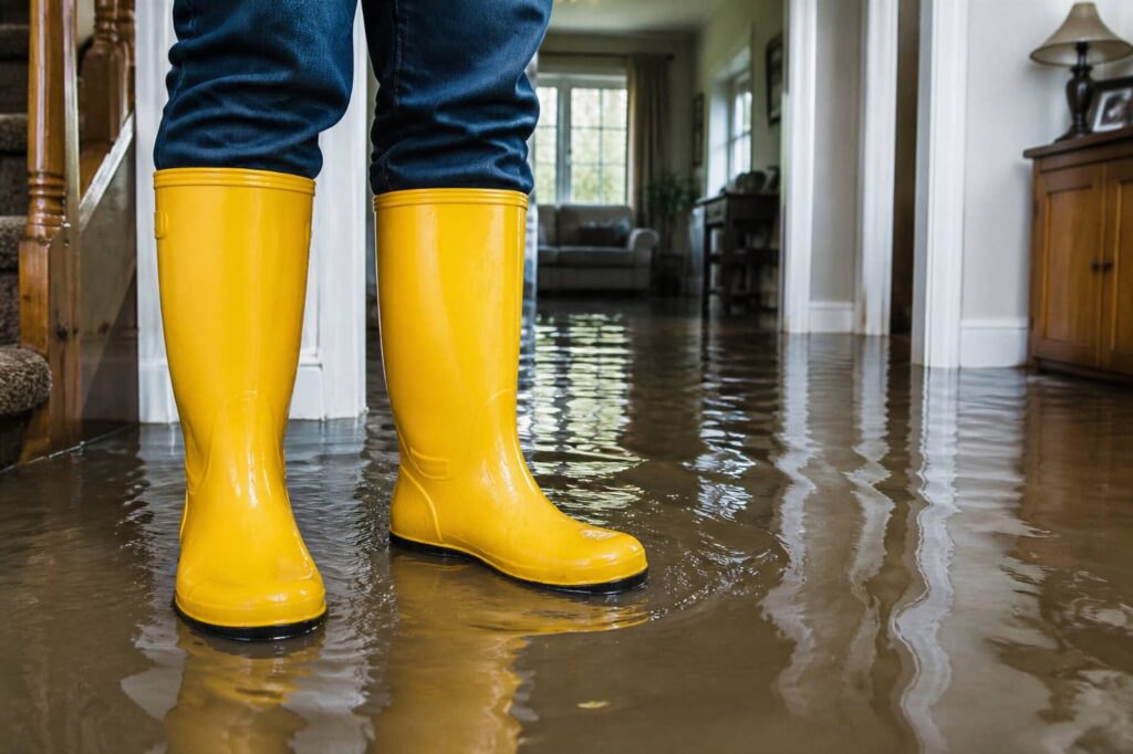 Yellow rain boots standing in a flooded house hallway.