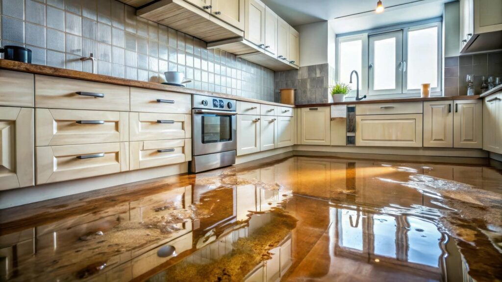 Flooded kitchen floor with water reflecting cabinets and windows.