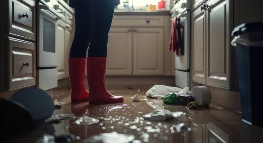 Person wearing red rain boots standing in a flooded kitchen with scattered trash on the floor.