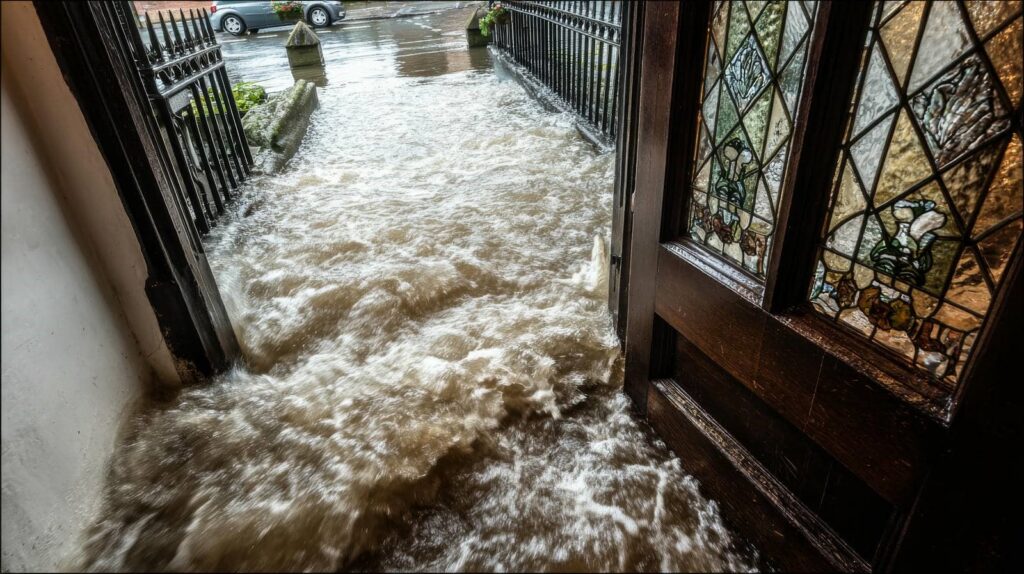 Floodwater rushing into a building through an open door with stained glass panels.
