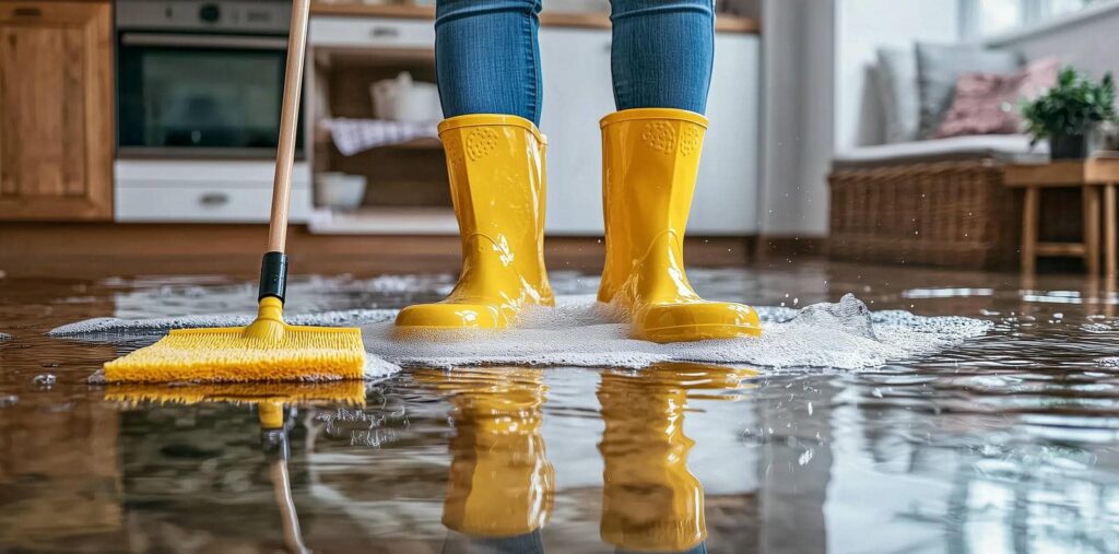 Person wearing yellow rain boots standing in soapy water on a flooded kitchen floor with a mop nearby.