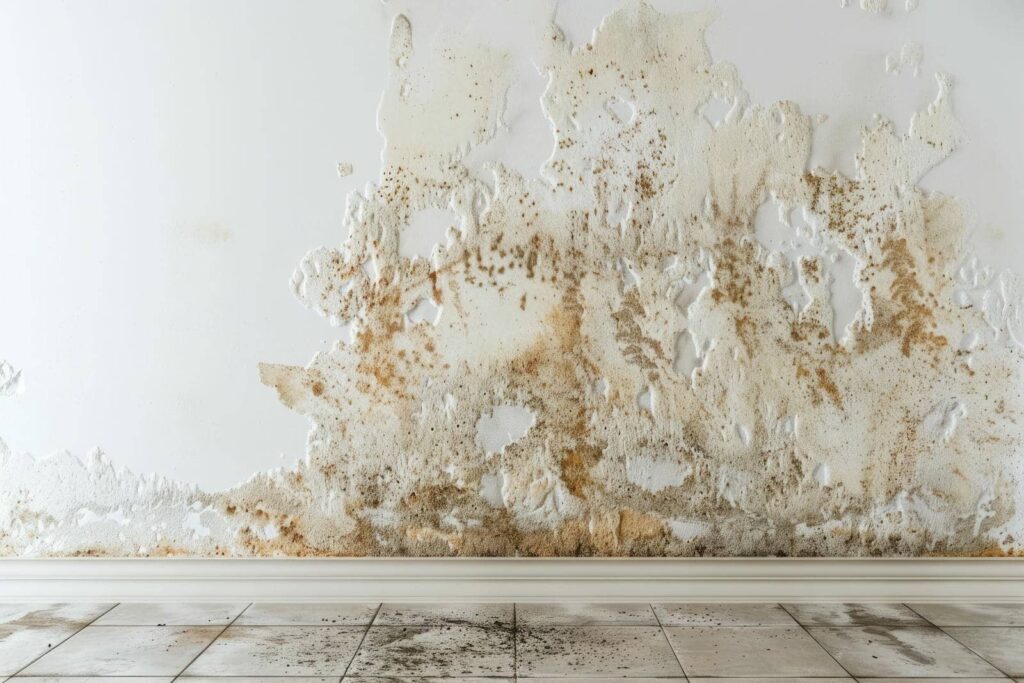 Wall with extensive mold damage and stains above a tiled floor with dirt marks.
