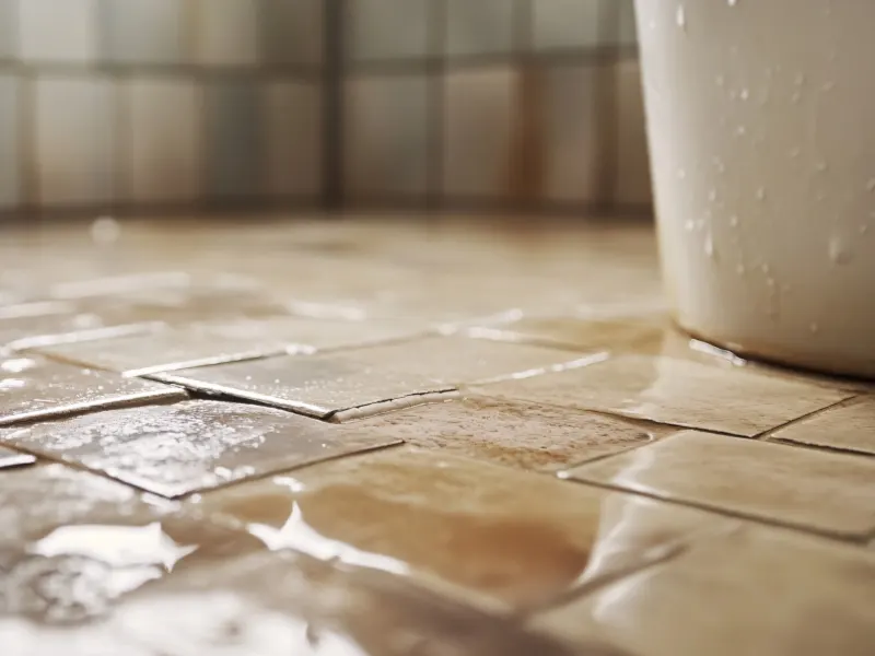Wet tiled floor with water puddles near a white container. sewage backup cleanup