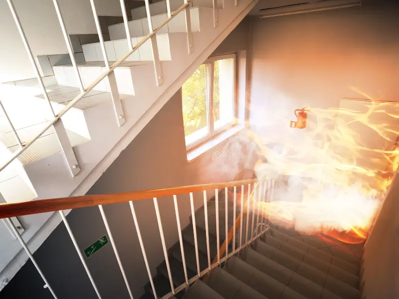 Fire burning in a stairwell near a window with smoke and flames visible. commercial restoration services