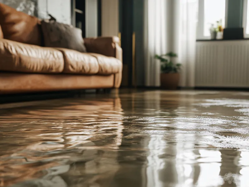 Water flooding a living room floor near a brown leather sofa. flood damage cleanup
