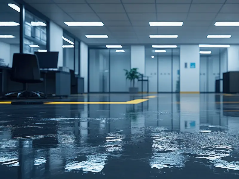 Wet floor reflecting lights in a modern empty office space with desks and chairs. commercial restoration services