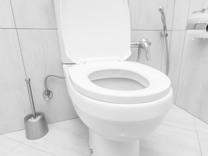 White toilet with open lid in a tiled bathroom, next to a toilet brush and a bidet spray. sewage backup cleanup